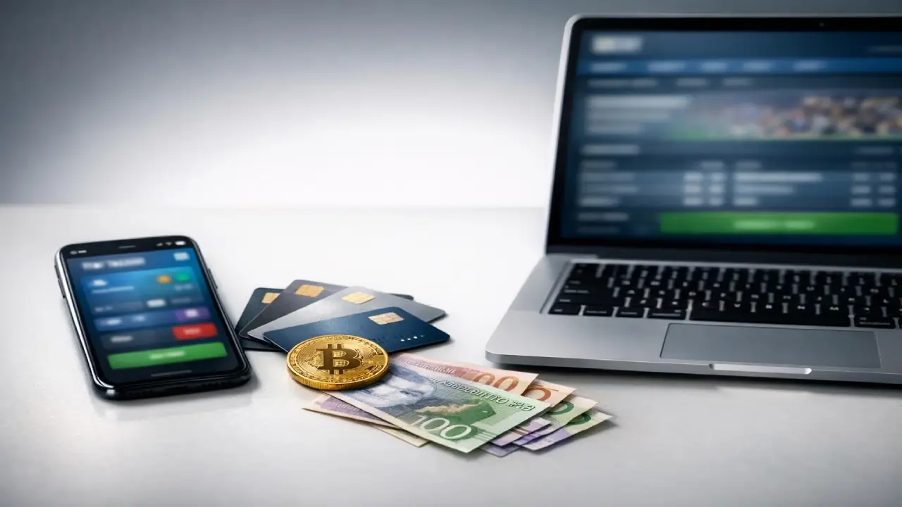 Online betting payment methods with smartphone, credit cards, Bitcoin, and cash next to laptop