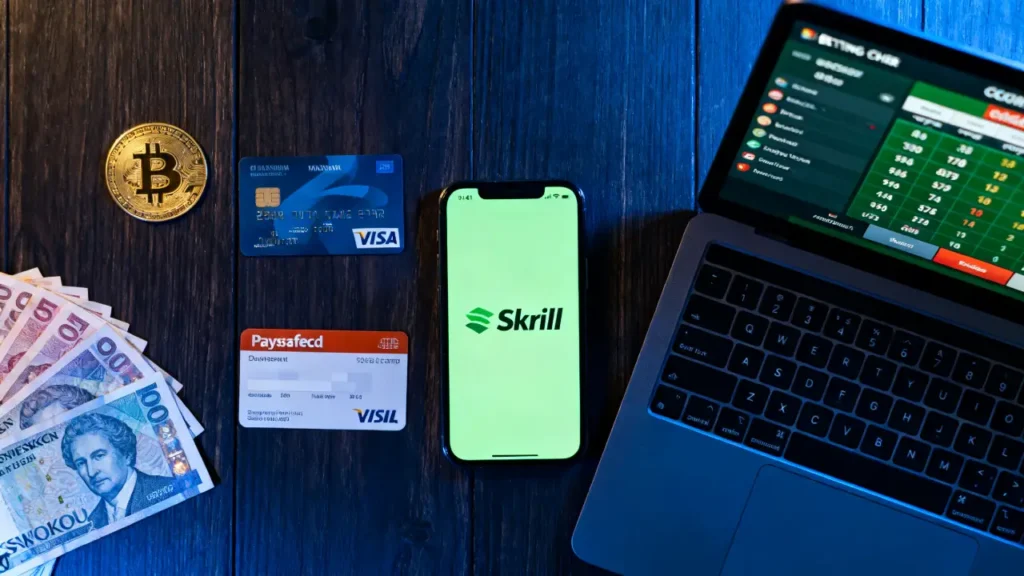 Skrill payment on smartphone with cash, cards, Bitcoin, and laptop showing betting platform