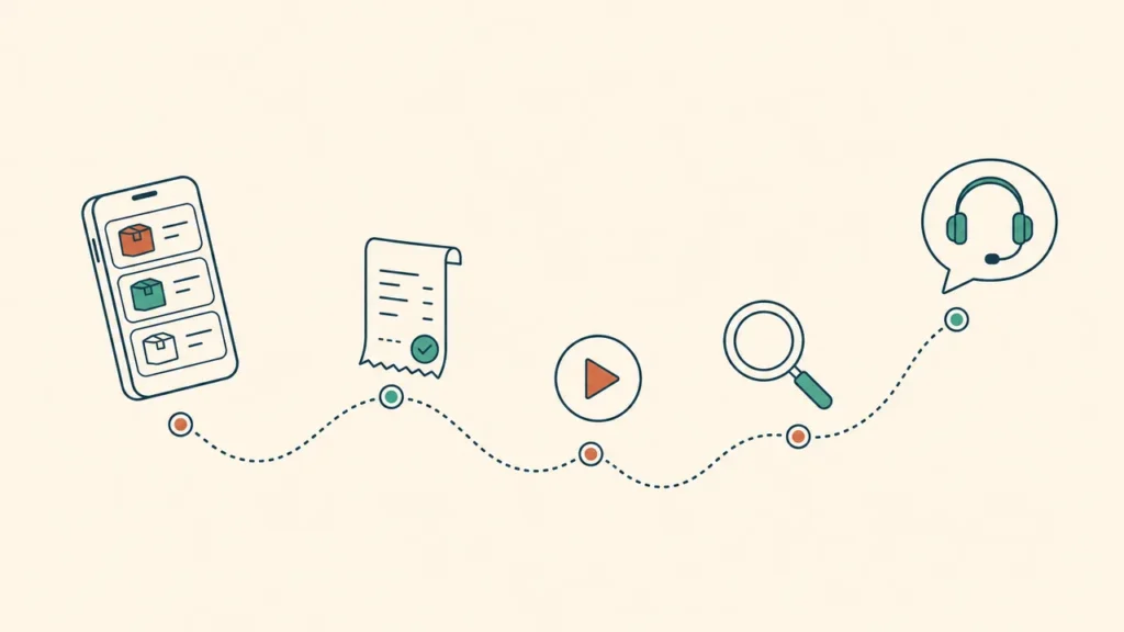 Dotted path through the stages of YouTube view orders on BoostMe.com